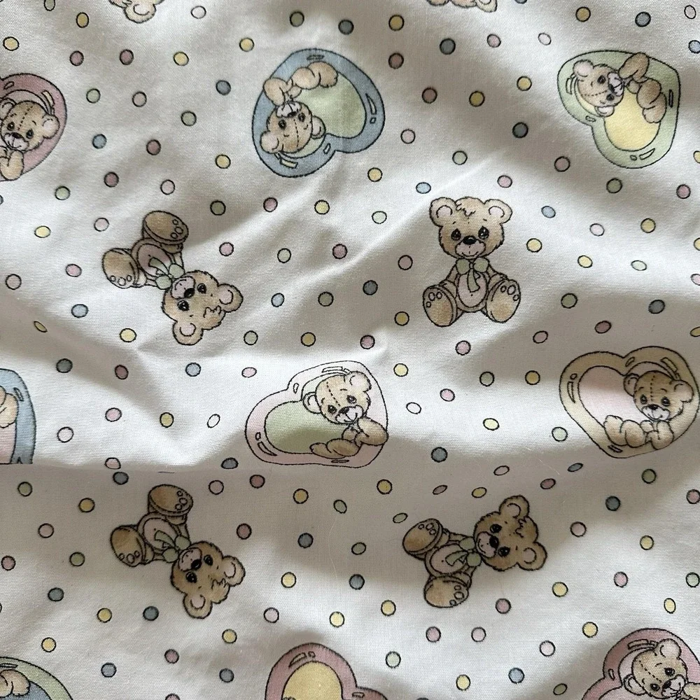 VTG 90s Hand Sewn Precious Moments Flannel Baby Blanket Bears Hearts White 45x44